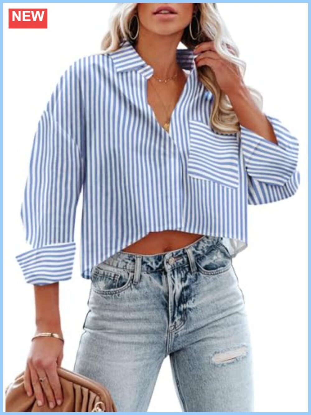 Women's Cropped Button Down Long Sleeve Shirt Lightweight Cotton Blend Casual